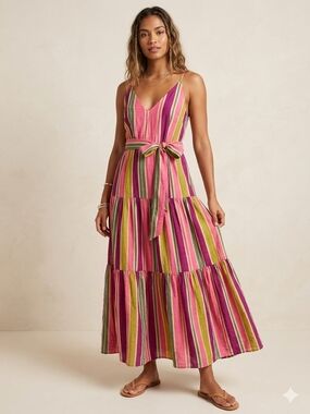 Taylor Pink, Green & Yellow Striped Tiered Maxi Dress with Waist Tie